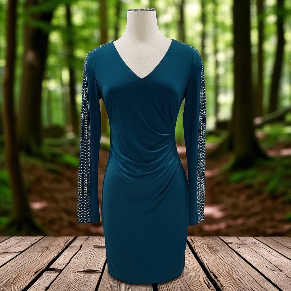 Guess Teal Bodycon Dress Long Sleeve Studded Mini Ruched‎ Clubwear Cocktail SZ 6